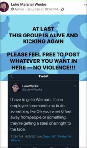 screenshot of luke wenke threatening to assault walmart employees with a steel chair 2020