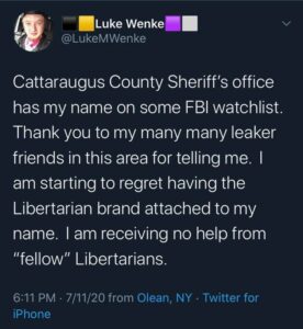 luke wenke acknowledging that he's on a law enforcement watchlist 2020