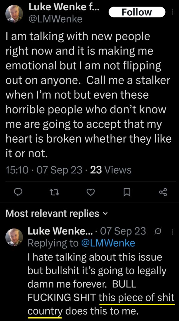 Luke Wenke denies being a stalker and blames the usa for his problems september 2023