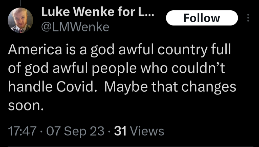 luke wenke mocks americans during the covid-19 pandemic september 2023