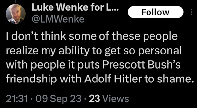 luke wenke compares himself to adolf hitler x/twitter screenshot september 2023