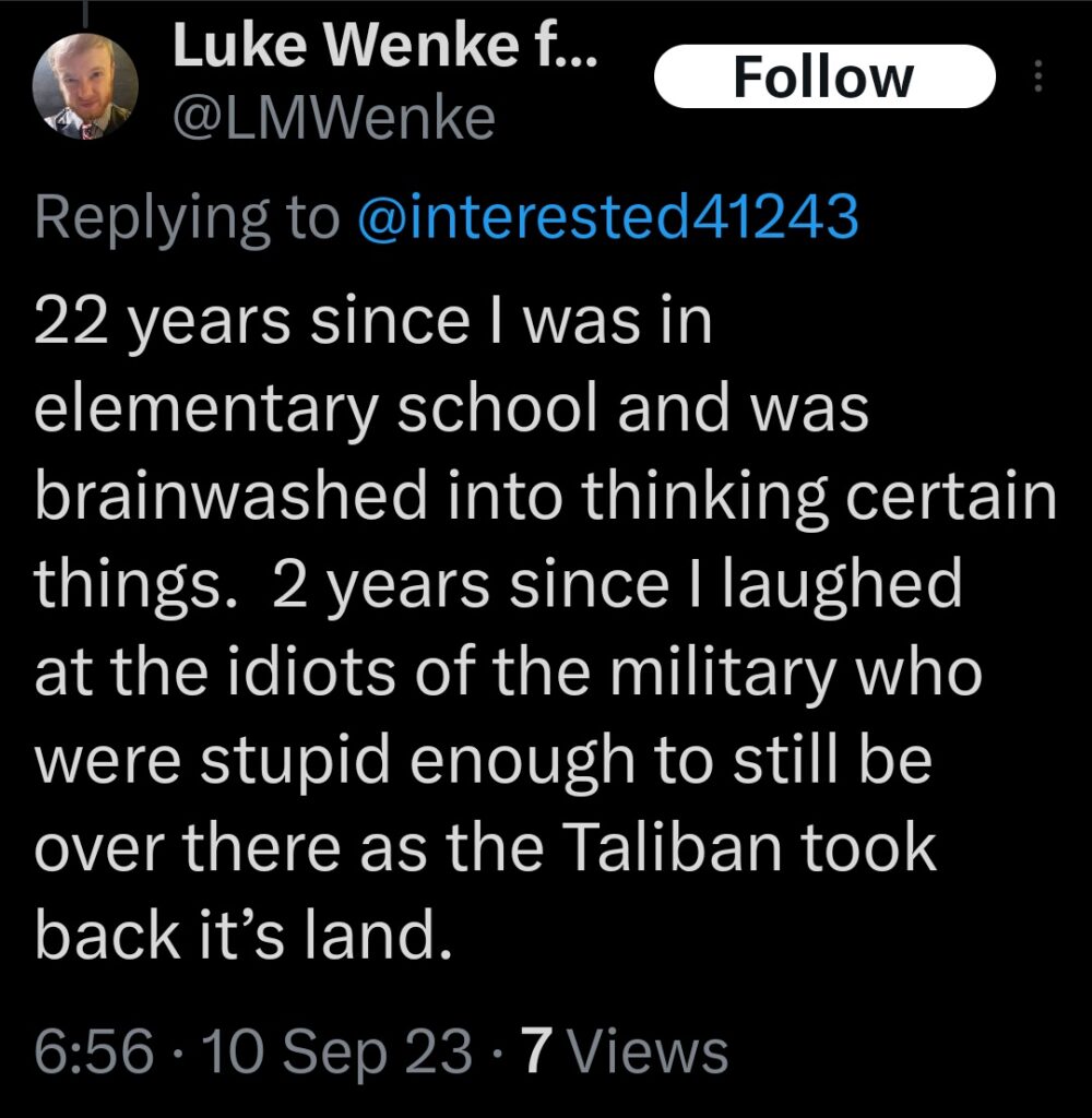 Luke Wenke mocks the U.S. military and expresses pro-Taliban sentiments september 2023