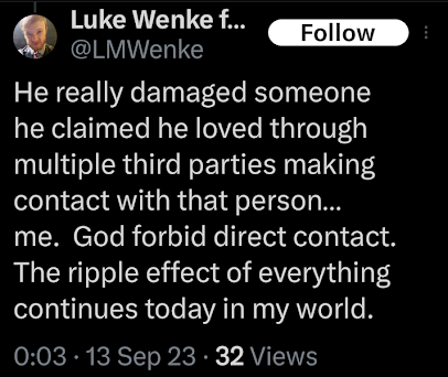 luke wenke accuses stalking victim ryan teeter of damaging him emotionally and mentally x/twitter screenshot september 2023