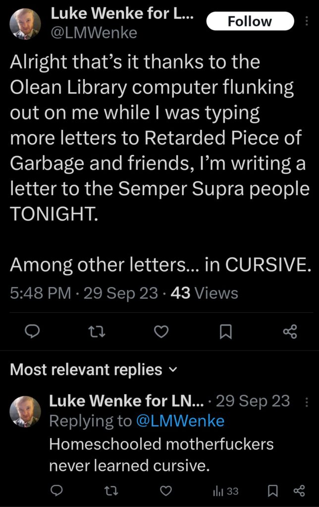 luke wenke discusses his letter writing obsession x/twitter screenshot september 2023