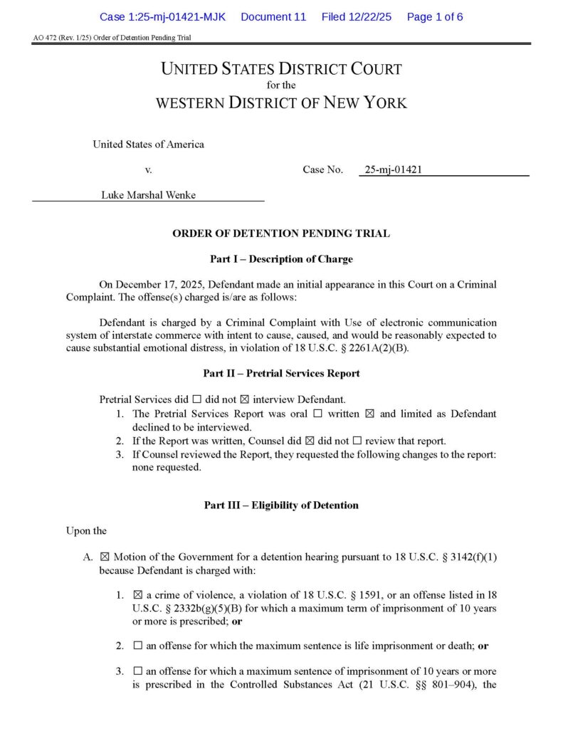 the federal government's order remanding luke wenke without bail 2025