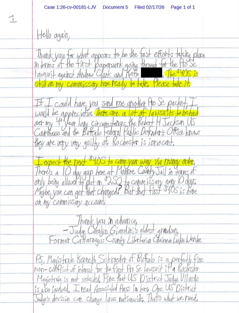 a letter from luke wenke to the court demanding faster action on his lawsuit against katie 2026