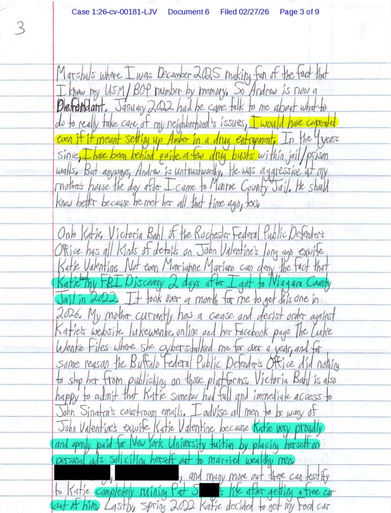 a letter from luke wenke to the federal court obsessing over stalking vi