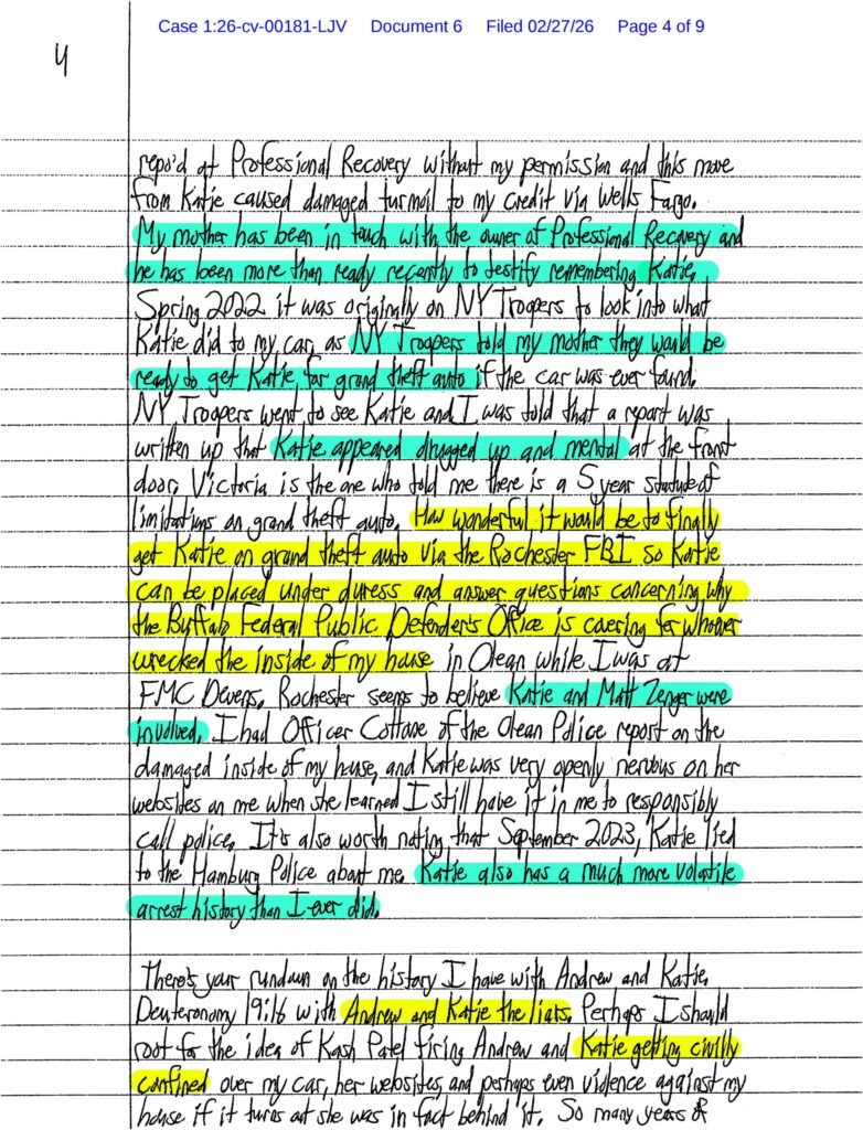 a letter from luke wenke to the federal court obsessing over stalking vi