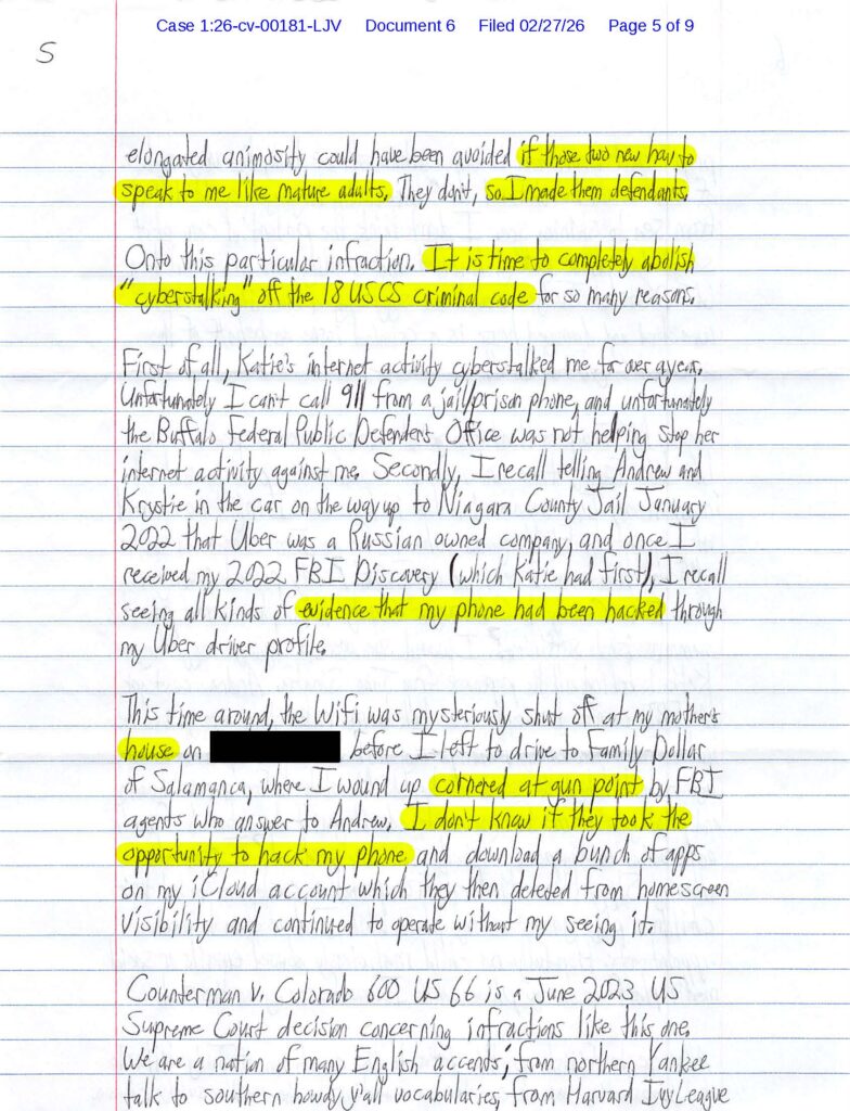 a letter from luke wenke to the federal court obsessing over stalking vi