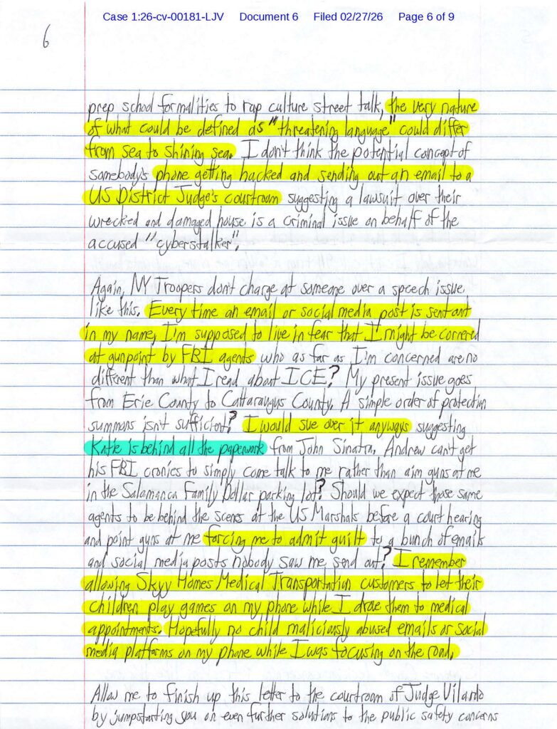 a letter from luke wenke to the federal court obsessing over stalking vi