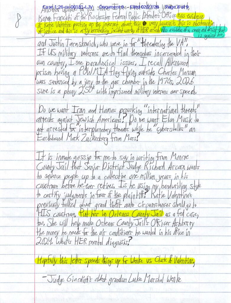 a letter from luke wenke to the federal court obsessing over stalking vi