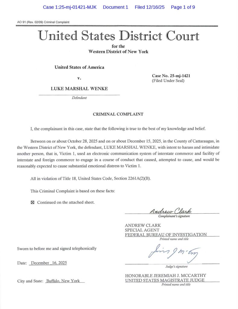 the us federal government's new cyberstalking complaint against luke wenke - 12/16/2025 - 1:25-mj-01421