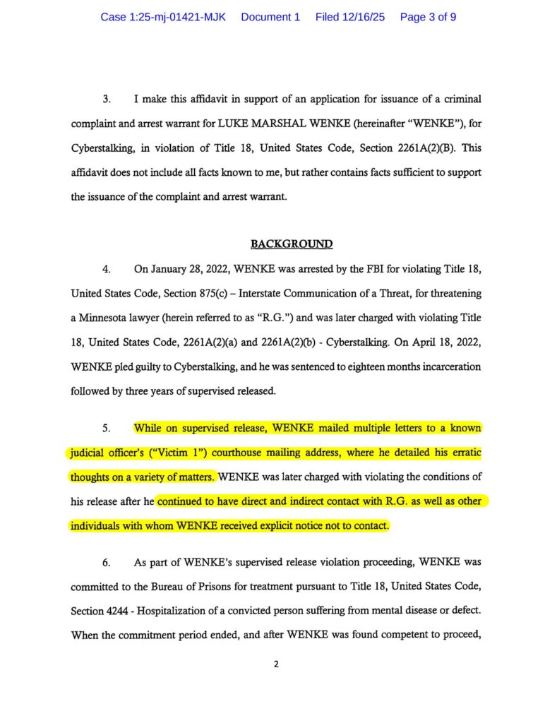 the us federal government's new cyberstalking complaint against luke wenke - 12/16/2025 - 1:25-mj-01421