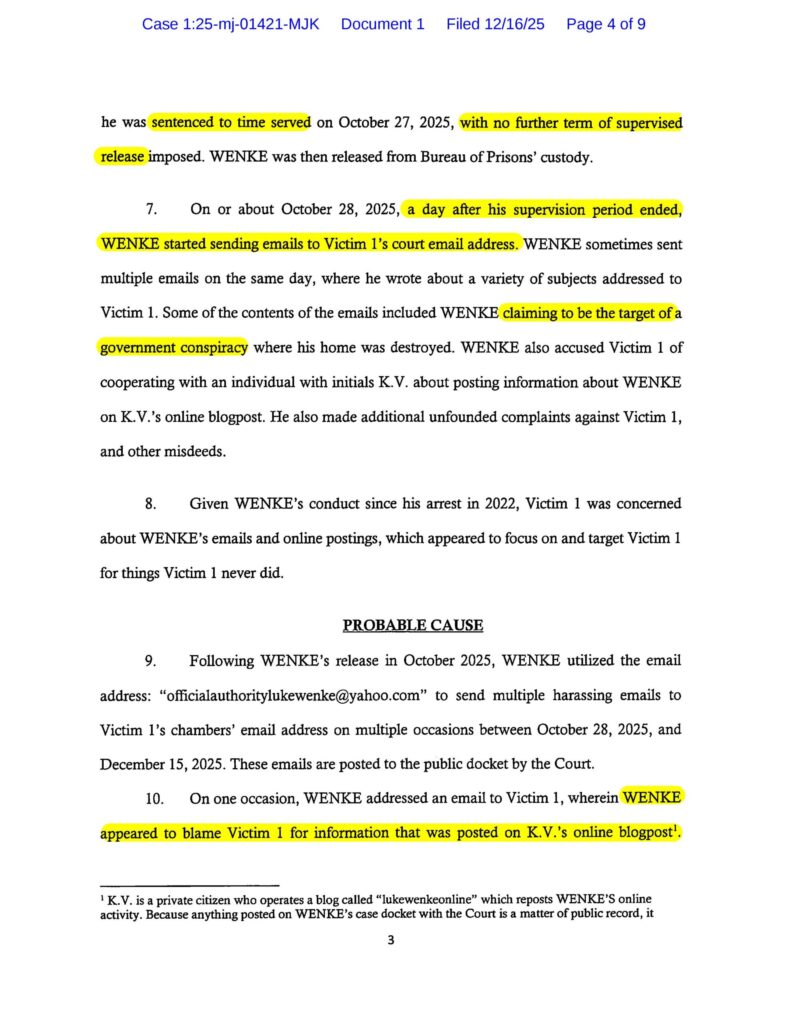 the us federal government's new cyberstalking complaint against luke wenke - 12/16/2025 - 1:25-mj-01421