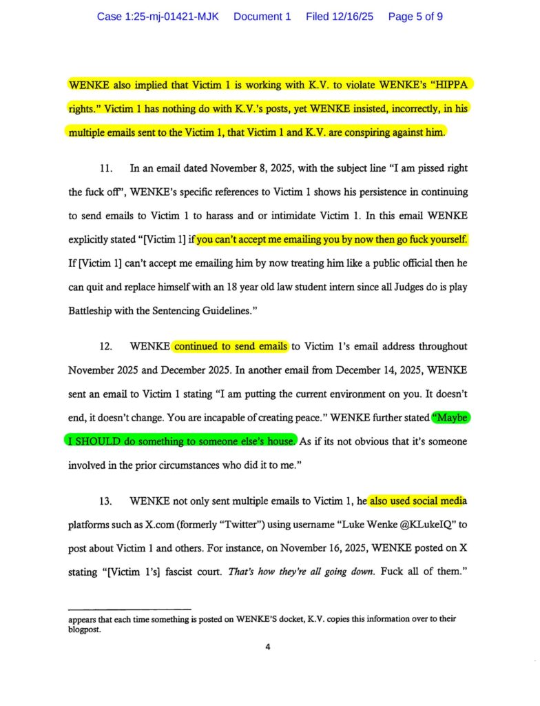 the us federal government's new cyberstalking complaint against luke wenke - 12/16/2025 - 1:25-mj-01421