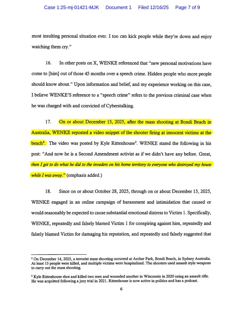 the us federal government's new cyberstalking complaint against luke wenke - 12/16/2025 - 1:25-mj-01421