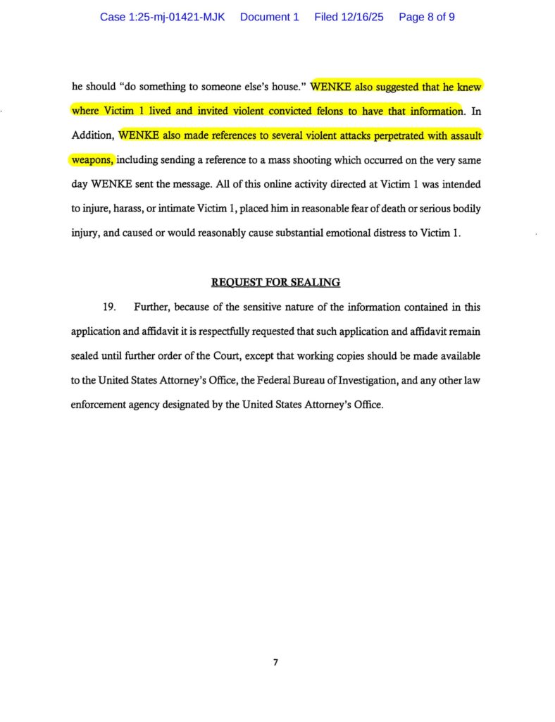 the us federal government's new cyberstalking complaint against luke wenke - 12/16/2025 - 1:25-mj-01421