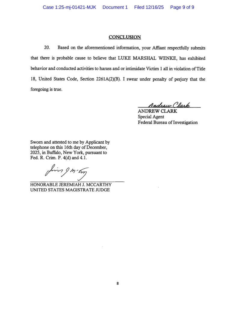 the us federal government's new cyberstalking complaint against luke wenke - 12/16/2025 - 1:25-mj-01421