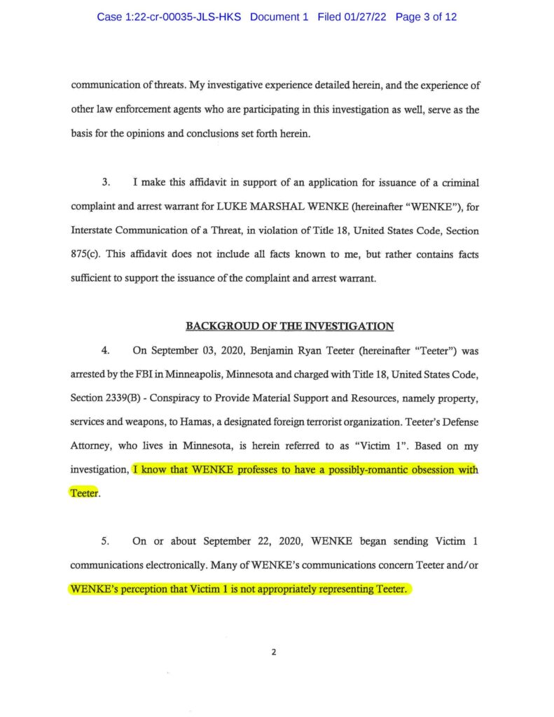 the federal government's cyberstalking complaint against luke wenke january 2022 case 1:22-cr-00035