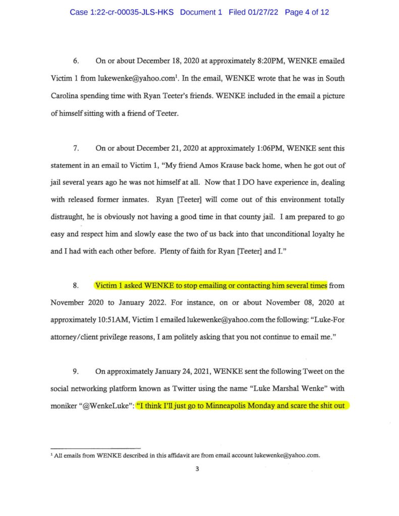 the federal government's cyberstalking complaint against luke wenke january 2022 case 1:22-cr-00035