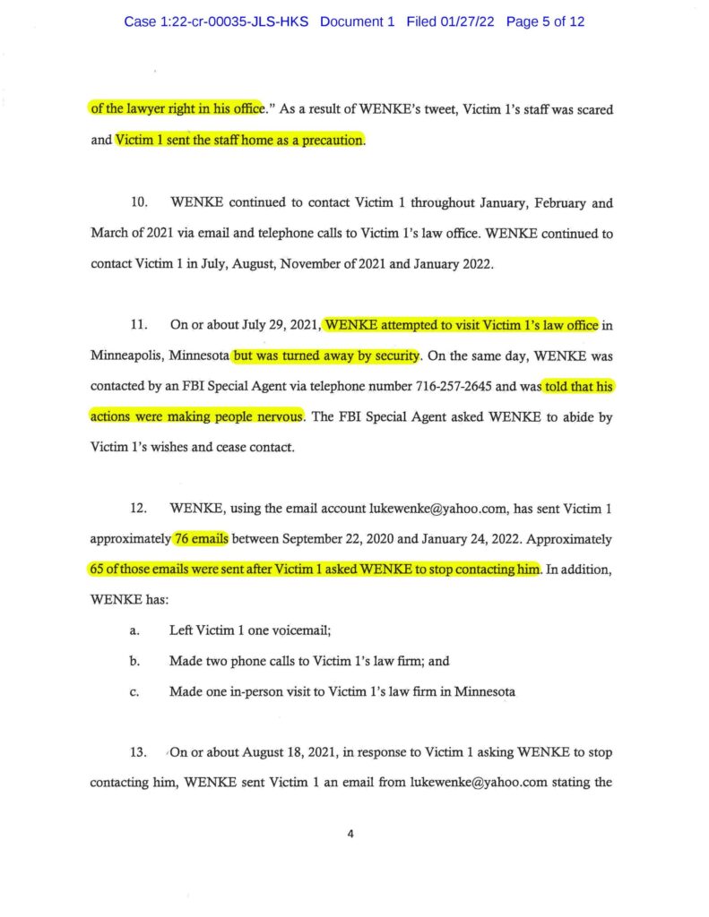 the federal government's cyberstalking complaint against luke wenke january 2022 case 1:22-cr-00035