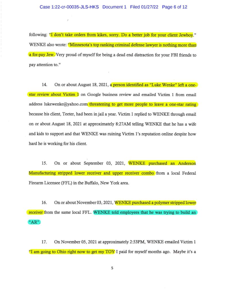 the federal government's cyberstalking complaint against luke wenke january 2022 case 1:22-cr-00035