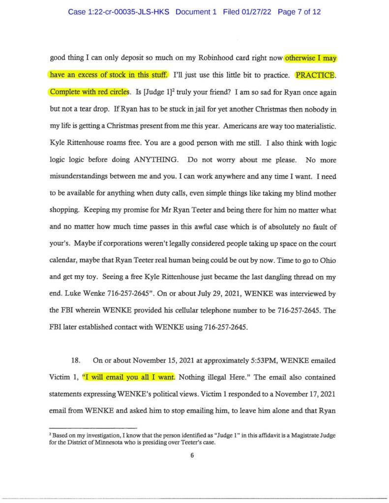 the federal government's cyberstalking complaint against luke wenke january 2022 case 1:22-cr-00035
