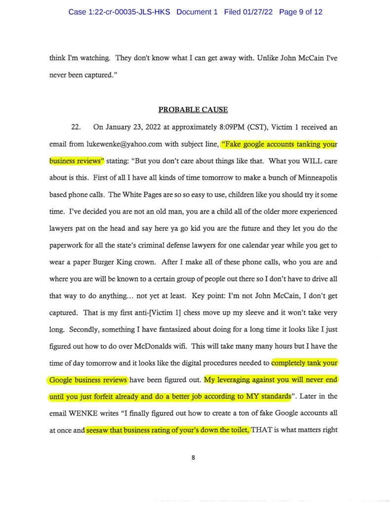 the federal government's cyberstalking complaint against luke wenke january 2022 case 1:22-cr-00035