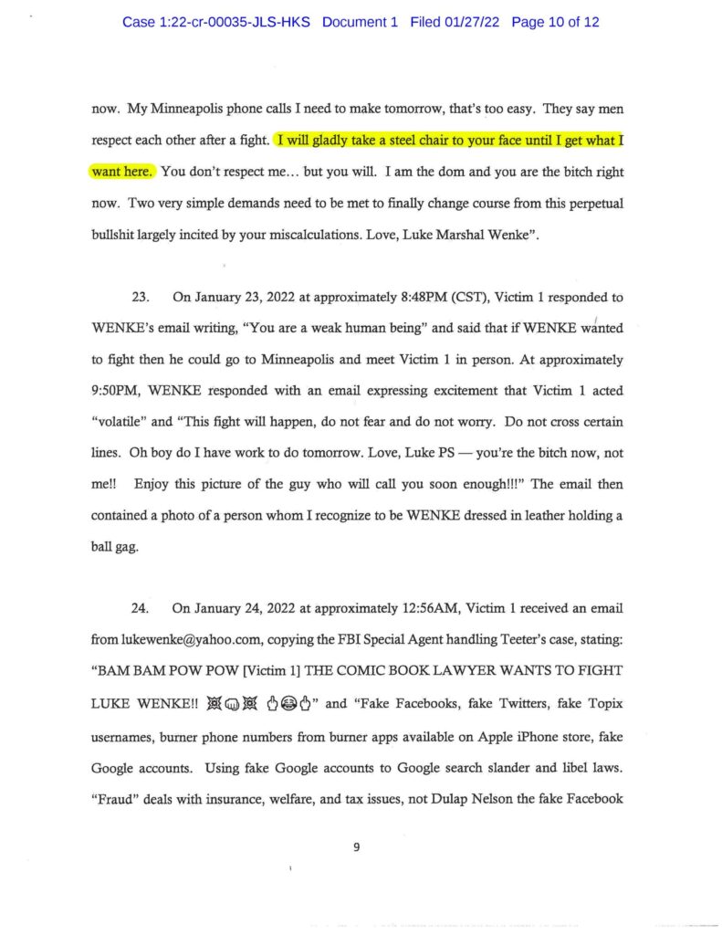 the federal government's cyberstalking complaint against luke wenke january 2022 case 1:22-cr-00035