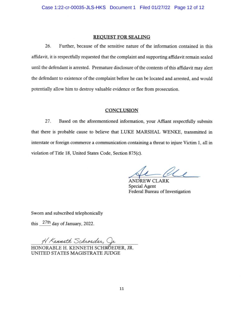 the federal government's cyberstalking complaint against luke wenke january 2022 case 1:22-cr-00035