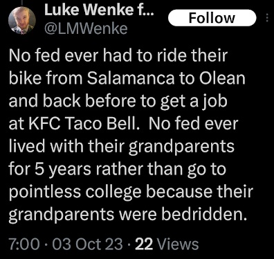 luke wenke claims he rode his bike uphill both ways to get to his teenage after-school job october 2023