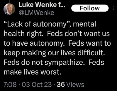 screenshot of a luke wenke x/twitter post accusing the use federal government of denying him of free will