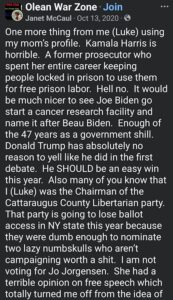 screenshot of luke wenke posting in olean war zone from his mommy janet mccaul's facebook account