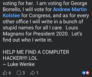 screenshot of luke wenke posting in olean war zone from his mommy janet mccaul's facebook account