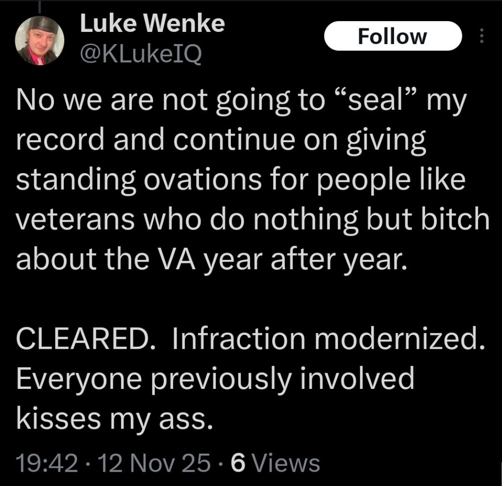 luke wenke mocks american veterans for complaining about the va november 2025
