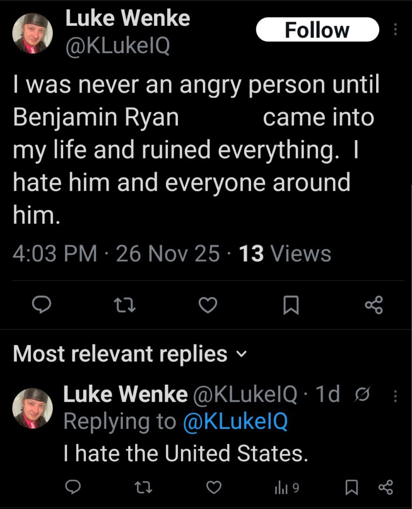 luke wenke blames the united states for his stalking victim's rejection november 2025