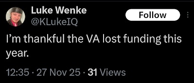 luke wenke says he's glad the veterans administration lost funding november 2025