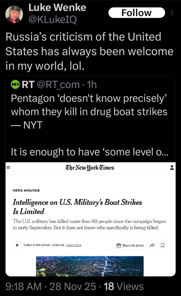 x/twitter post by luke wenke praising russia's criticism of the united states november 2025