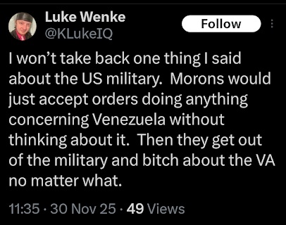 luke wenke doubles down on hatred toward american soldiers, refuses to take back cruel statements
