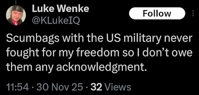 screenshot of an x/twitter post by luke wenke calling us soldiers scumbags