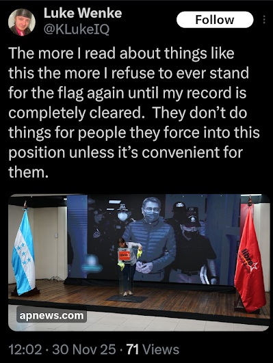 screenshot of x/twitter post by luke wenke blaming america for his criminal record november 2025