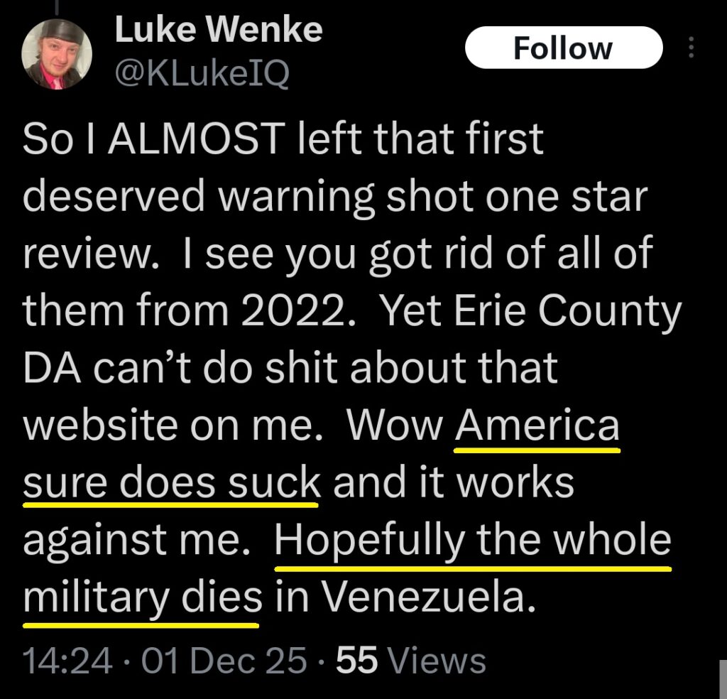 screenshot of luke wenke wishing death on us military and supporting venezuela december 2025