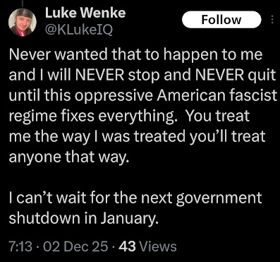 screenshot of an x/twitter post by luke wenke calling america a fascist regime december 2025