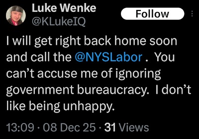 screenshot of a 2025 luke wenke x/twitter screenshot threatening to call the labor department