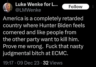 luke wenke calls america a "completely retarded country" december 2023