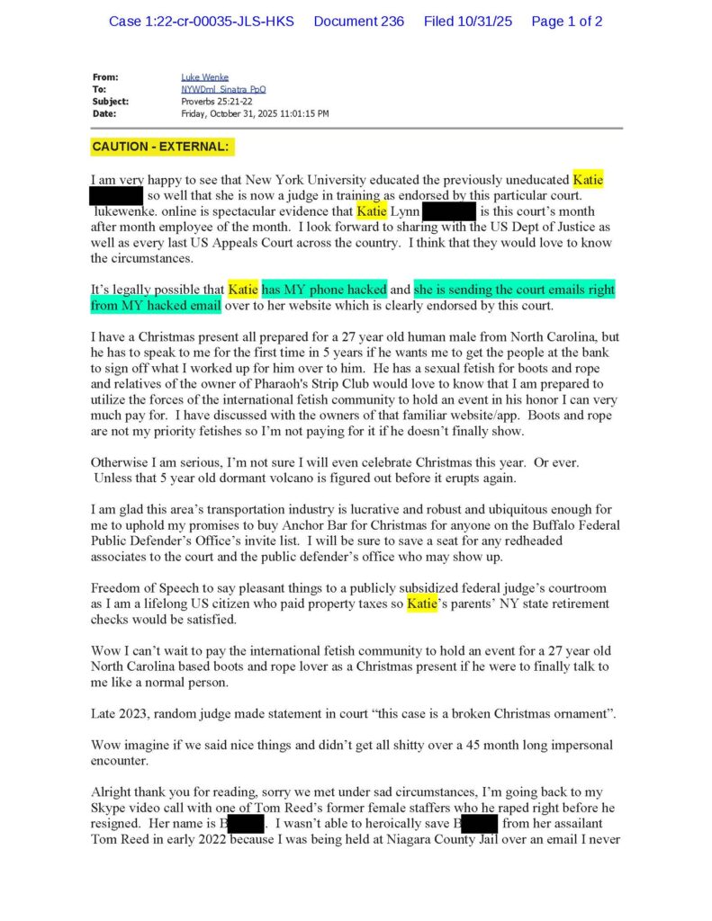 a letter from luke wenke to judge john sinatra caliming katie is jealous of his friendship with other woman october 2025