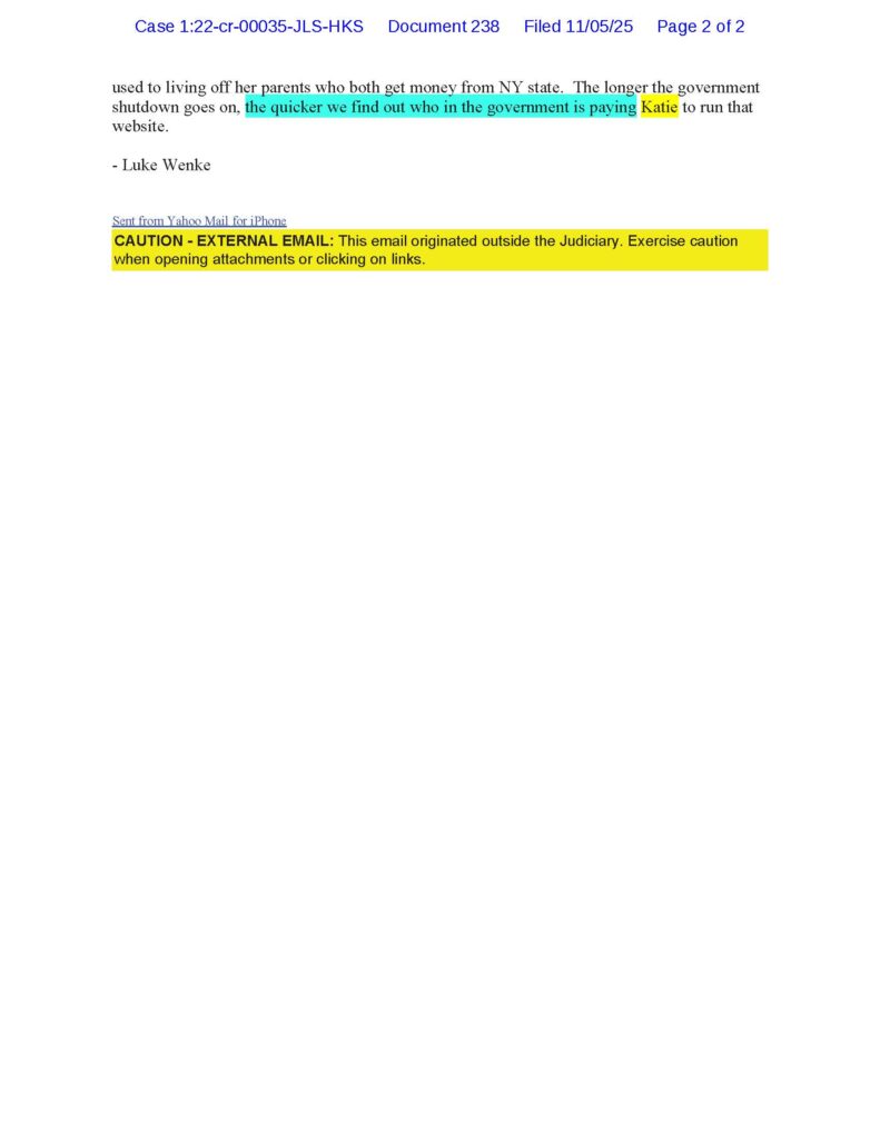 email from luke wenke to judge john sinatra demanding the removal of stalking victim katie's website november 2025