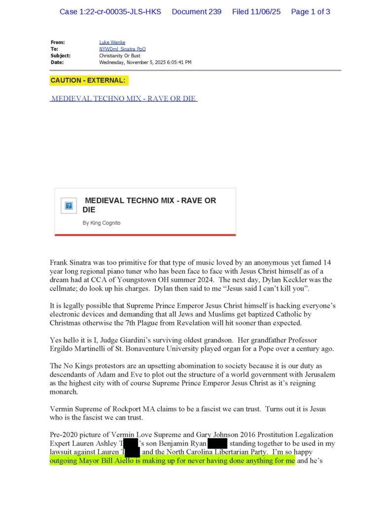 luke wenke email to judge john sinatra containing death threat against stalking victim katie november 2025