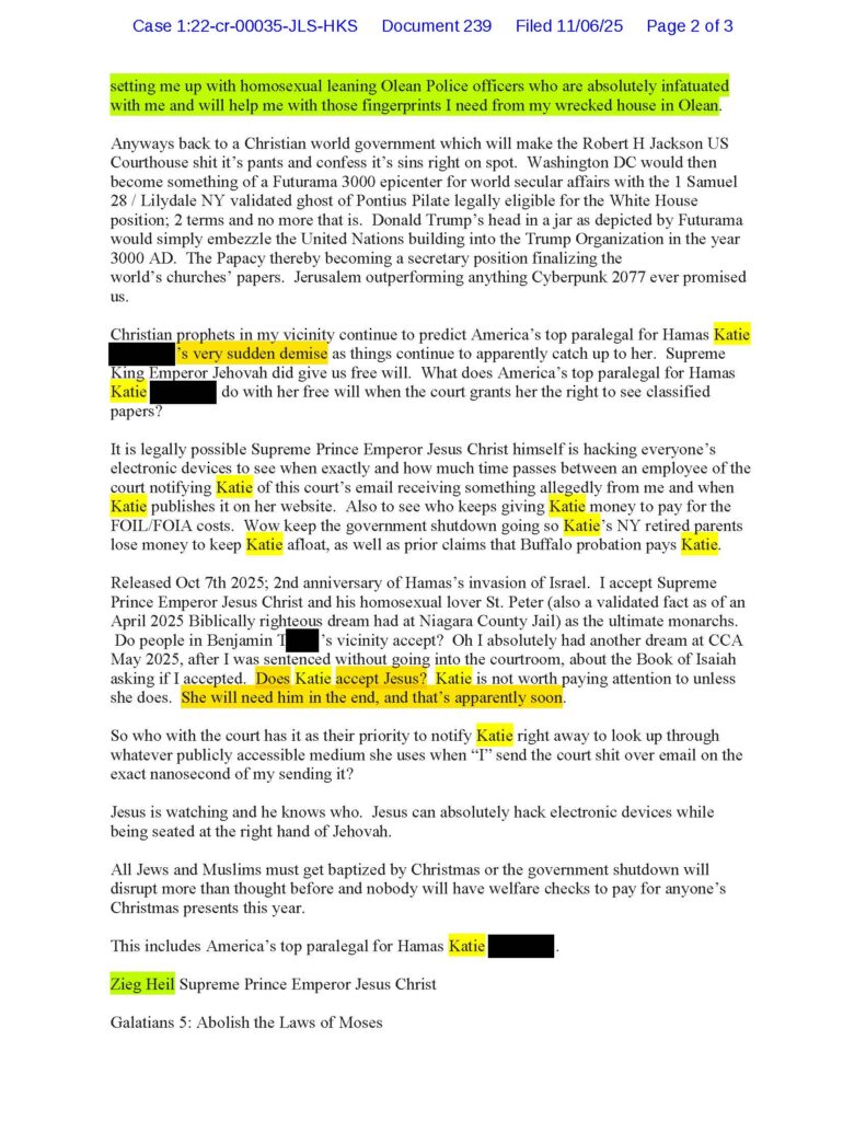 luke wenke email to judge john sinatra containing death threat against stalking victim katie november 2025