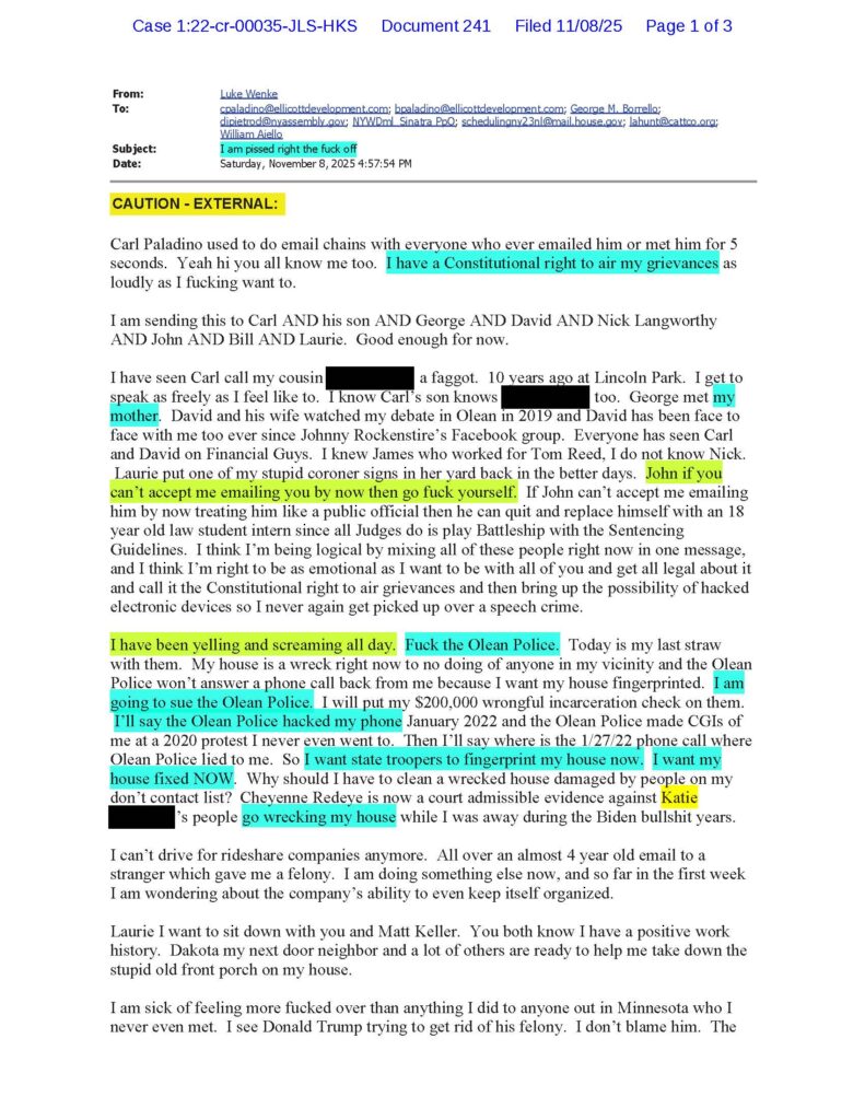 an email from luke wenke to judge john sinatra demanding a cleared record and blaming his stalking victims for his problems november 2025